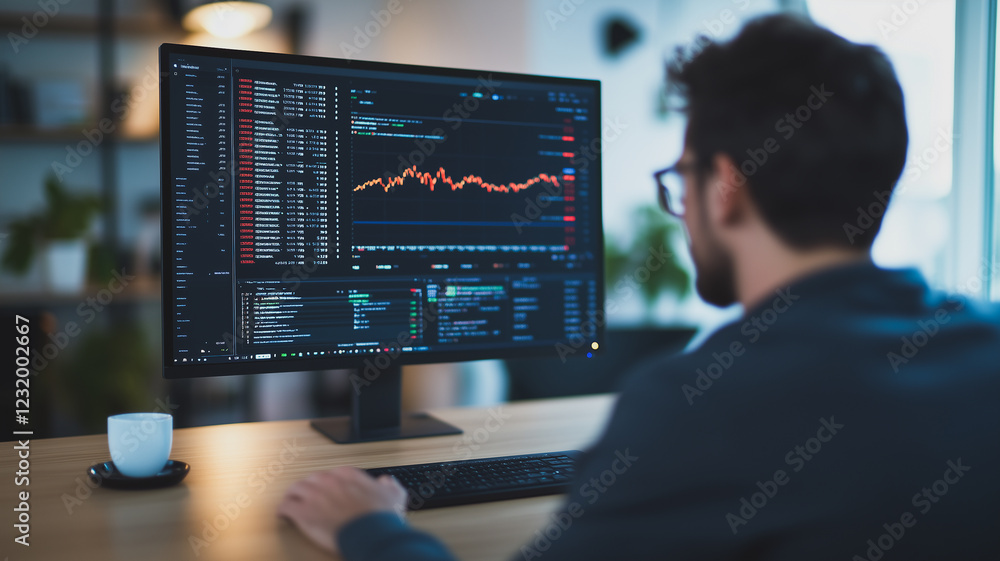 Aufkleber market analysis in progress: a focused businessman analyzes financial data on a computer screen, dis