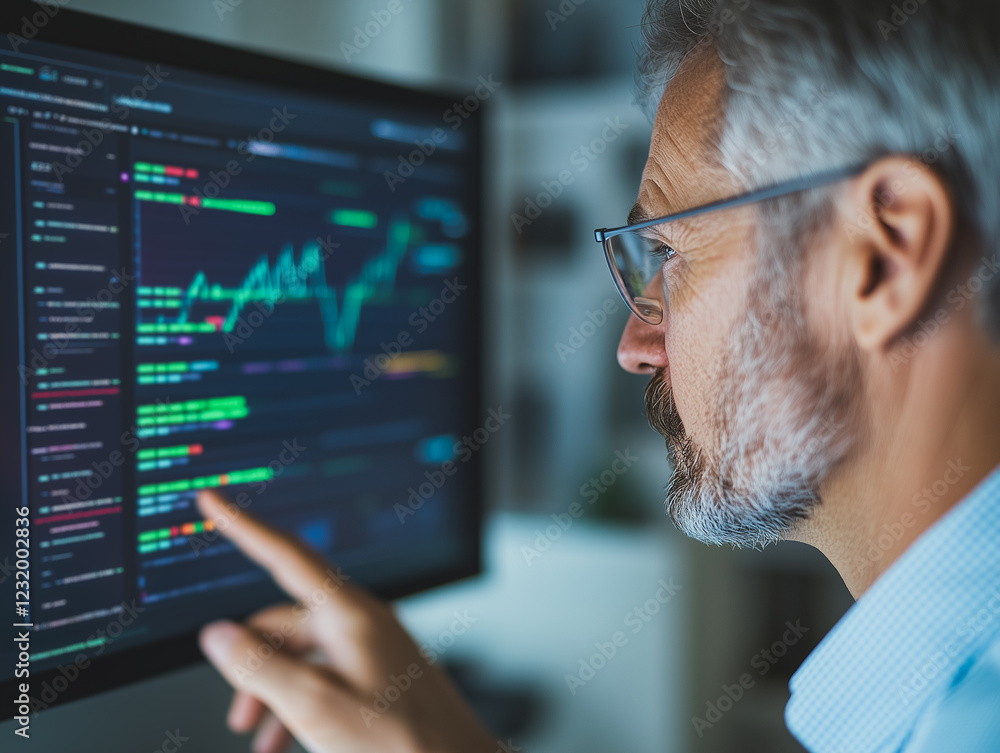 Poster data analyst at work: a focused mature man, wearing glasses, intently studies data displayed on a la