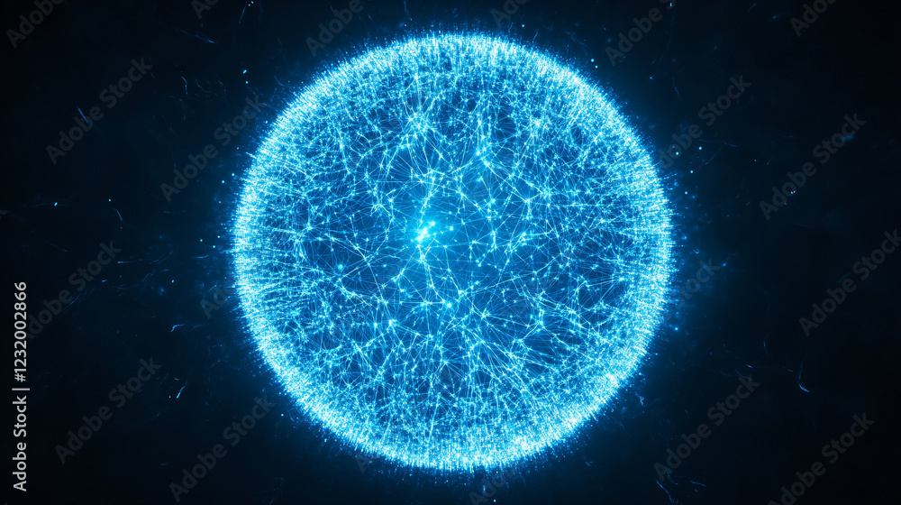 Poster a futuristic glowing blue digital sphere composed of interconnected nodes and lines floating in a da