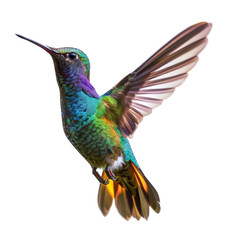 Obraz premium Close-up of a vibrant hummingbird in flight showcasing its colorful feathers. Perfect for nature and wildlife photography enthusiasts.