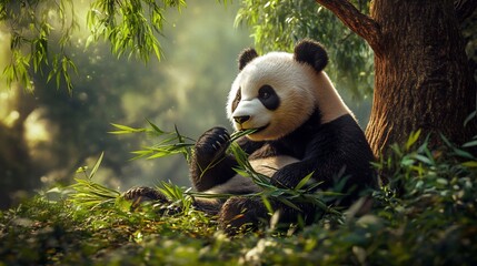 Panda eating bamboo under willow tree in forest
