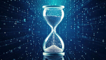 Abstract hourglass with binary code background. Concept image perfect for technology, time management, data, deadline, and digital themes. Use in websites, presentations, or marketing materials.
