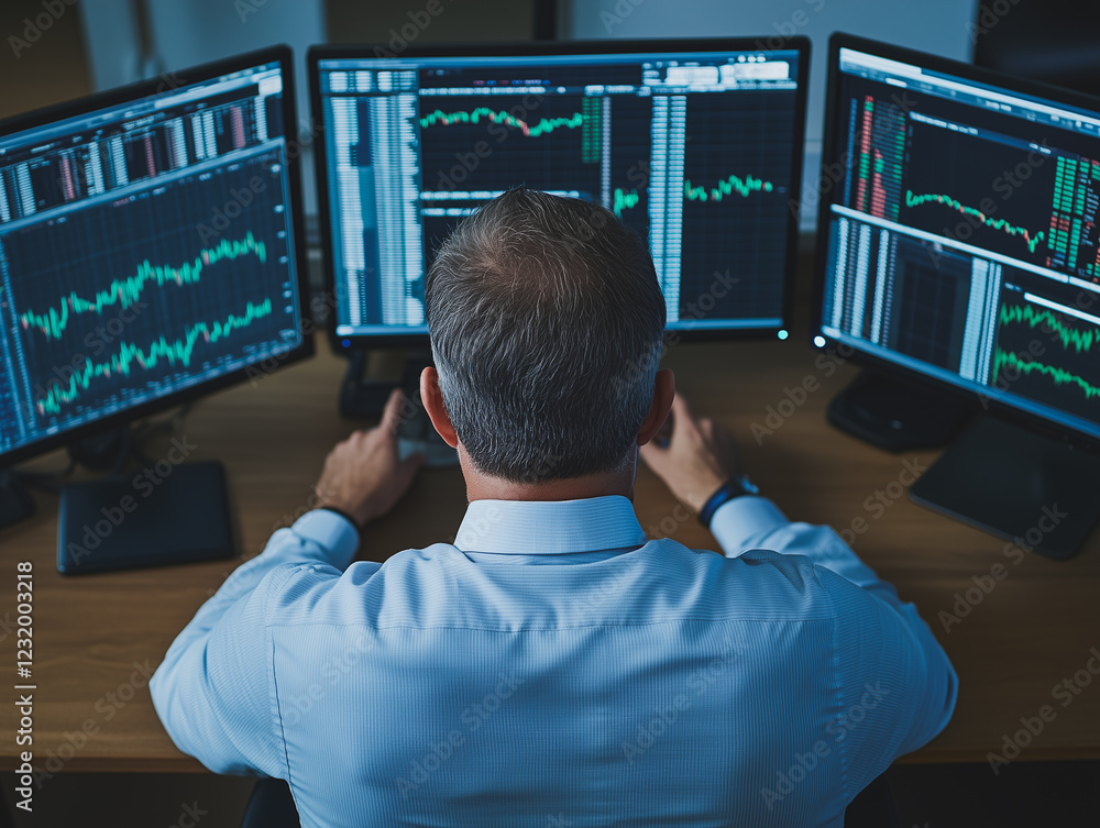 Poster strategic focus: a seasoned stock trader intently analyzes financial data displayed across multiple 