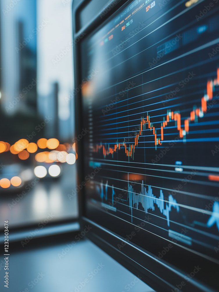 Poster market trend analysis: a close-up shot of a computer monitor displaying a dynamic stock market graph
