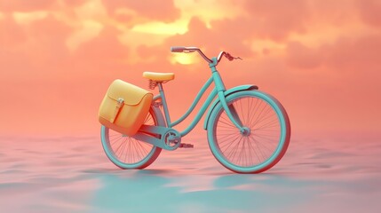 Obraz premium Bright vintage bicycle stands alone against a colorful sunset sky in a tranquil setting with soft water reflections