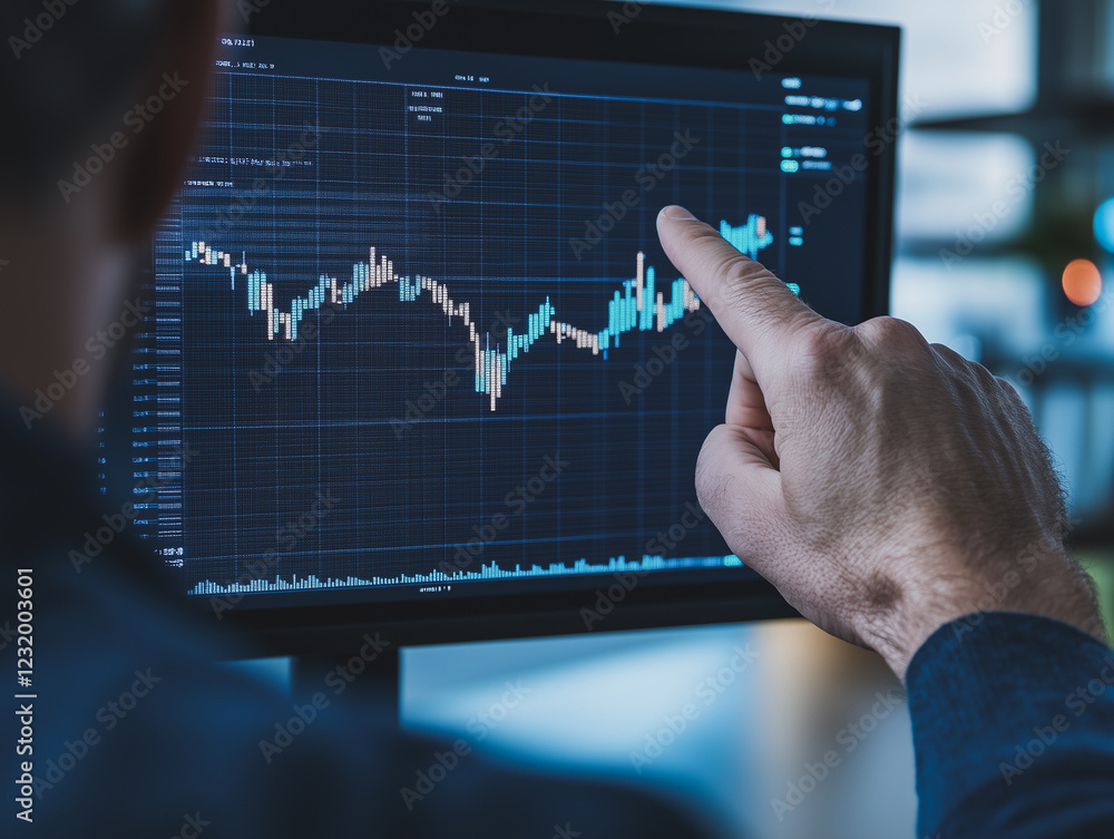 Poster analyzing the market: a close-up perspective of a hand pointing at a fluctuating stock market chart 