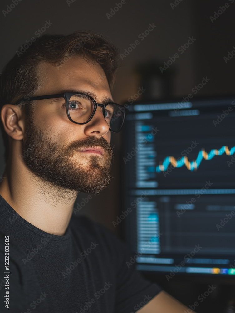 Aufkleber night owl analyst: a focused young man with a beard and glasses intently studies data displayed on m