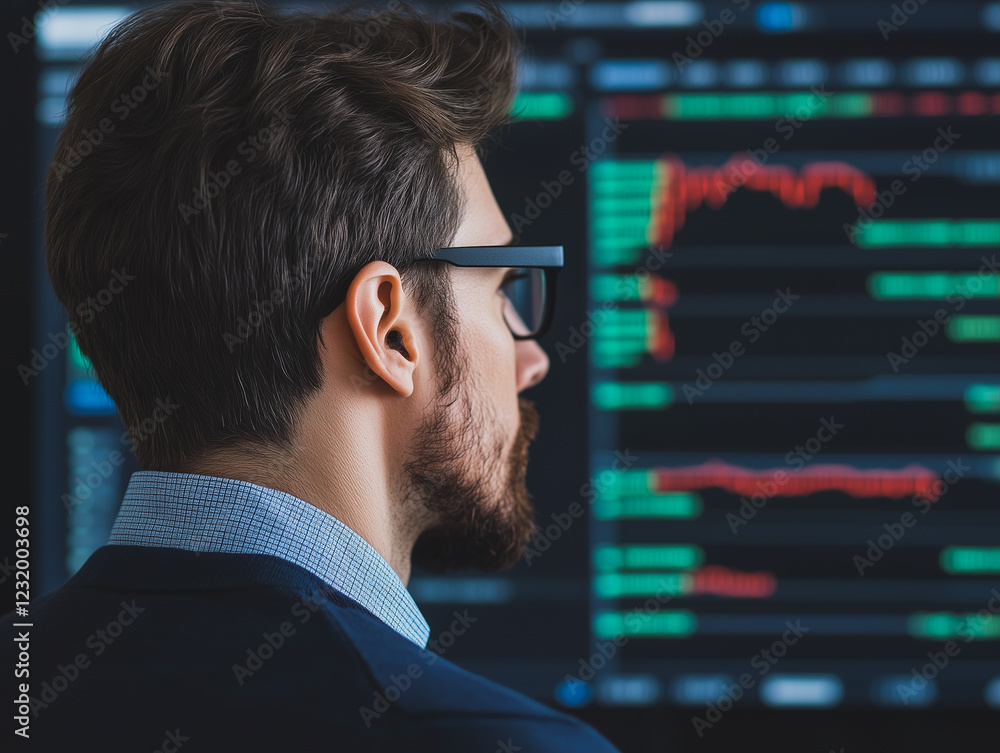 Aufkleber focused trader: a pensive businessman in profile view, wearing glasses, intently studies a complex a