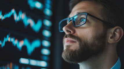 Data-Driven Decisions:  A contemplative businessman wearing glasses analyzes data charts on a large monitor.