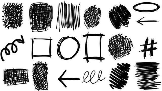 Set of animated Hand drawn tangle scribble doodle sketch, Highlighter Elements, Doodle marker elements, arrows, circles, lines, scratches frames, borders. Green screen, Alpha channel, white background