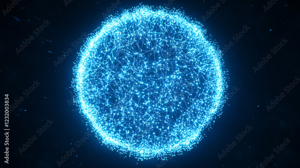 Poster a high-tech glowing blue sphere made of interconnected particles floats in darkness representing fut