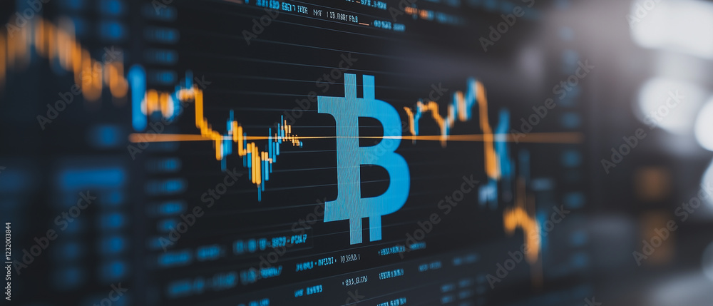 Aufkleber bitcoin volatility: a close-up view of a digital bitcoin symbol on a computer screen amidst a dynami