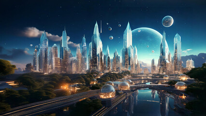 Obraz premium Futuristic Crystal City with Sci-Fi Skyline and Floating Planets