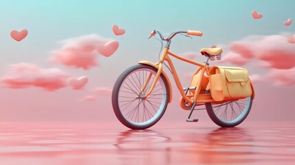 Fototapeta premium Colorful bicycle with a messenger bag surrounded by pink hearts and clouds in a dreamy landscape