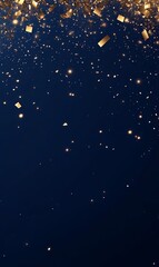 Gold confetti falling on dark blue background, ideal for celebratory design