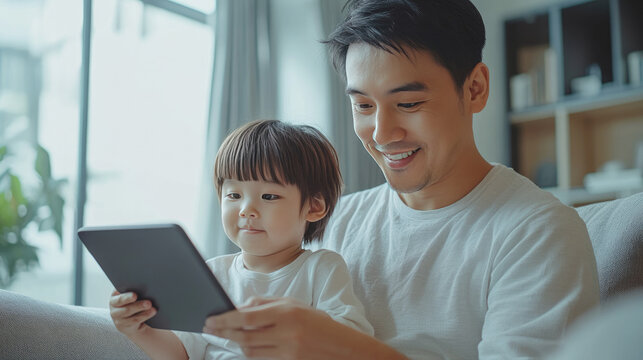 Asian daddy and his child chat online using tablet, read e-book, watch cartoon, learn to control smart home app while sitting on sofa in modern living room