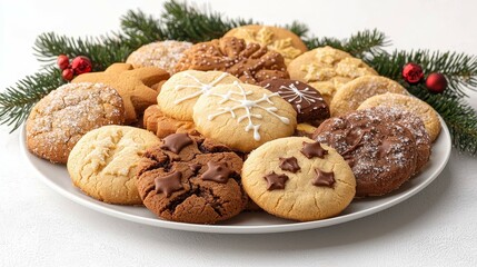 Famous Food of German concept. A festive platter of assorted cookies surrounded by holiday greenery.