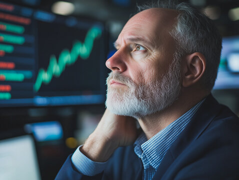 Contemplative Investor: A mature, thoughtful man with a beard, lost in contemplation, sits before a wall of glowing stock market screens.