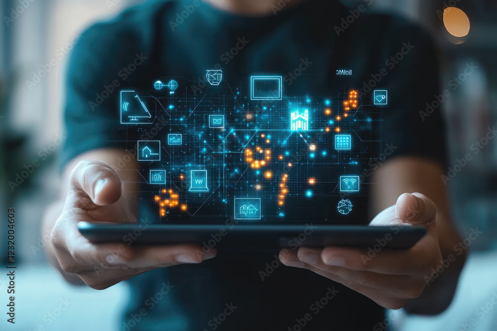 Poster all in one smart home control system app concept on tablet display in man hands.