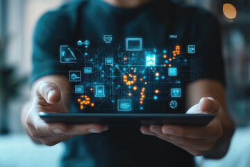 All in one smart home control system app concept on tablet display in man hands.
