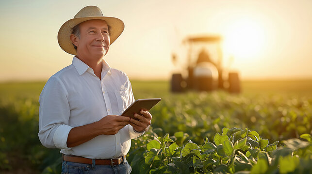 middle aged agronomist holding tablet in the field