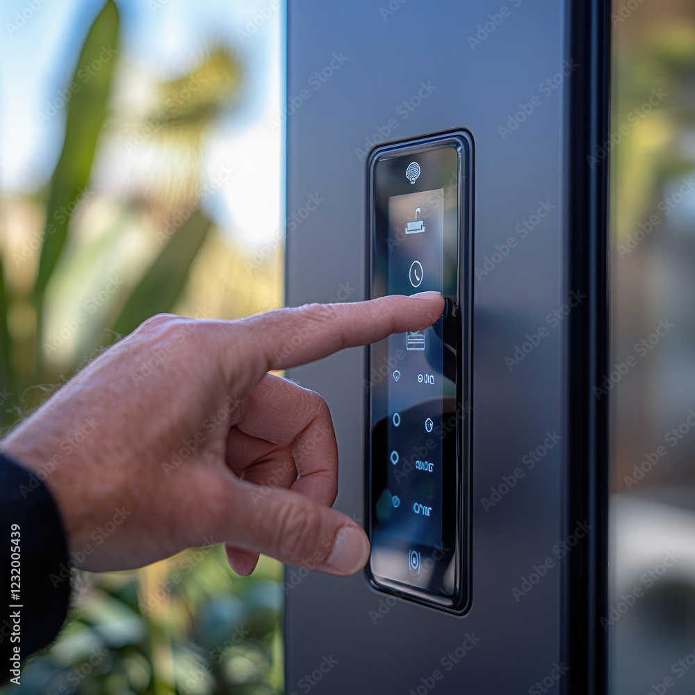 Wall mural Smart and modular homes. A person's finger touches the smart home technology panel from the street to enter the premises of the house. Security Human Recognition Scanning System