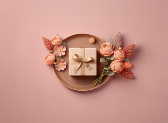 Naklejka premium A beige gift box with a gold ribbon sits on a dusty rose colored plate, adorned with peach-colored artificial flowers. The arrangement is on a matching background.