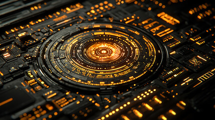 Stunning closeup of a futuristic technological interface.  Glowing orange circuits and a central control panel create a dynamic, hightech aesthetic perfect for scifi, gaming, or techrelated projects.