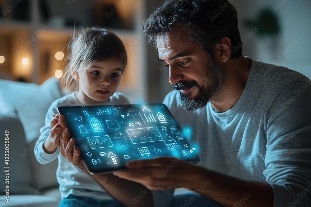 Poster a man and his child learn to control a smart home application via a tablet.