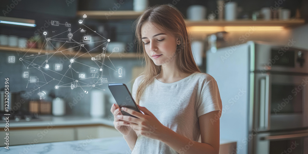 Poster a young modern woman using a mobile application on a smart home smartphone controls various function