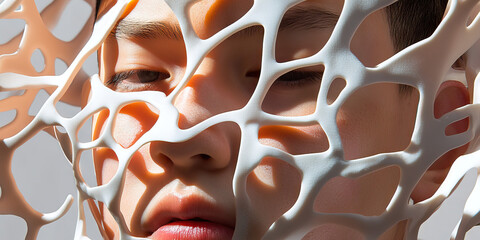 Human Face Partially Covered by White Lattice Structure