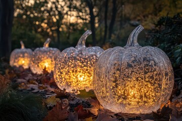crystalline ice pumpkins with autumn leaves frozen in translucent layers, creating a magical seasonal display with prismatic light effects