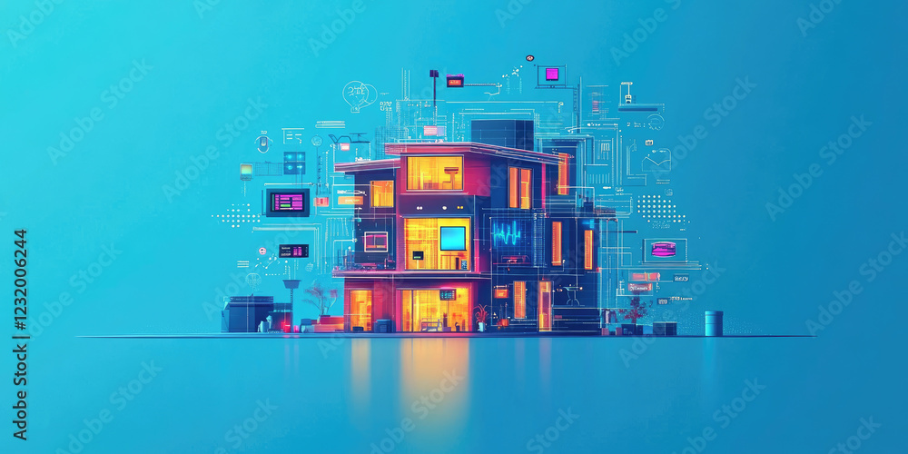 Poster smart home technology conceptual banner. building consists digits and connected with icons of domest