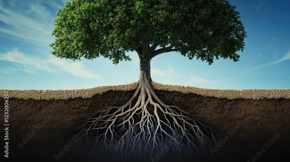 Poster a mighty tree with extensive root system burrowing deep into the earth