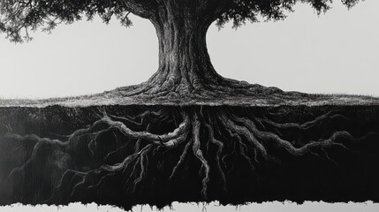 A Majestic Tree's Root System: Black and White Botanical Illustration