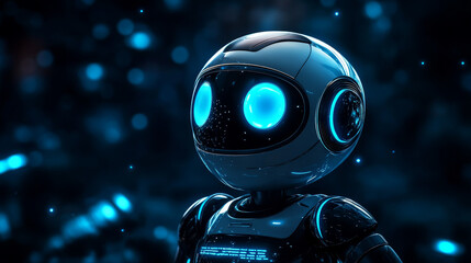 Fototapeta premium Computer security banner with cute robot character. Concept of information protect, safety internet technology. Vector poster of data secure with cartoon illustration of ai assistant with magnifier