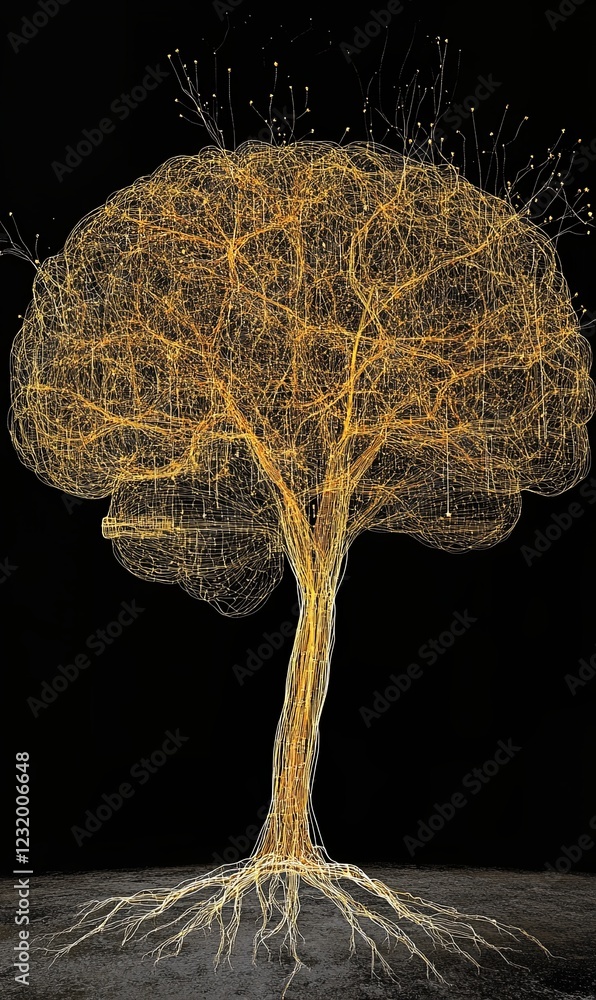 Poster golden tree with intricate network design on dark background, ideal for abstract concepts