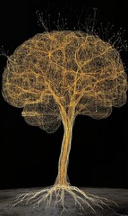 Golden tree with intricate network design on dark background, ideal for abstract concepts