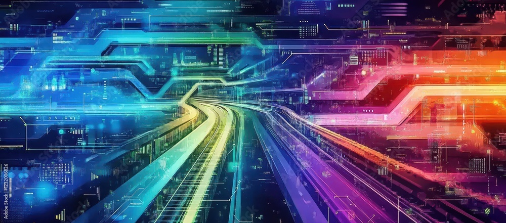 Poster abstract colorful digital network: glowing lines and bright rainbow colors in futuristic technology 