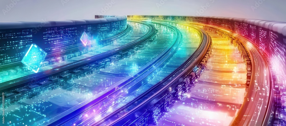 Poster Abstract Colorful Railroad Tracks Glowing with Digital Data