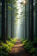 Obraz premium Sunlit pathway through serene forest with towering trees