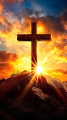 A cross with the setting sun in the background, symbolizing hope and new beginnings
