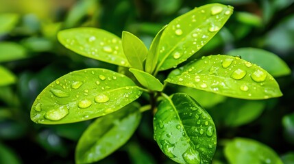 Fresh Green Leaves with Water Droplets Glimmering in Natural Light Against a Soft Focus Background of Lush Foliage