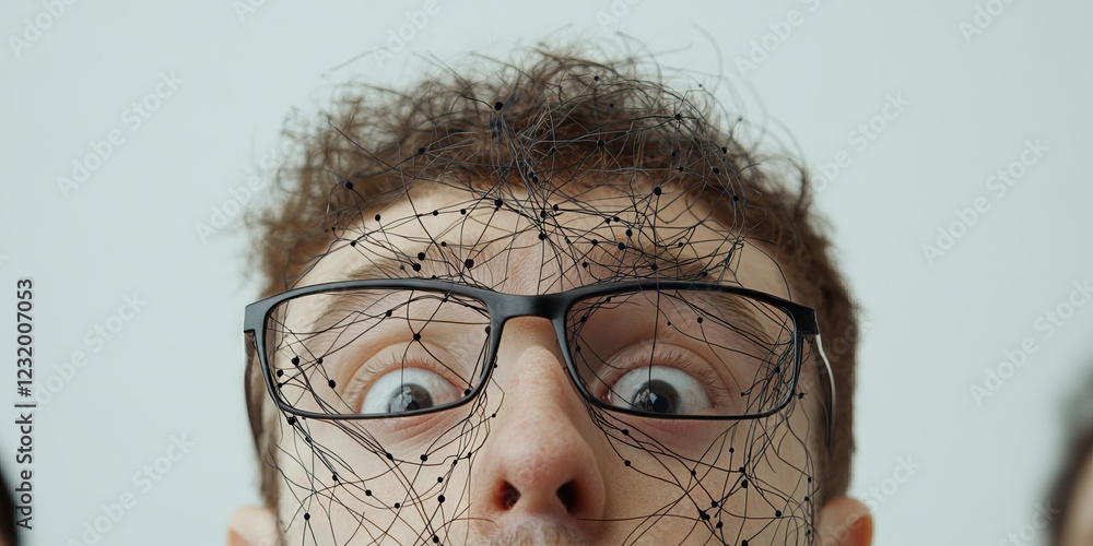 Poster close-up of face partially covered by black netting and eyeglasses