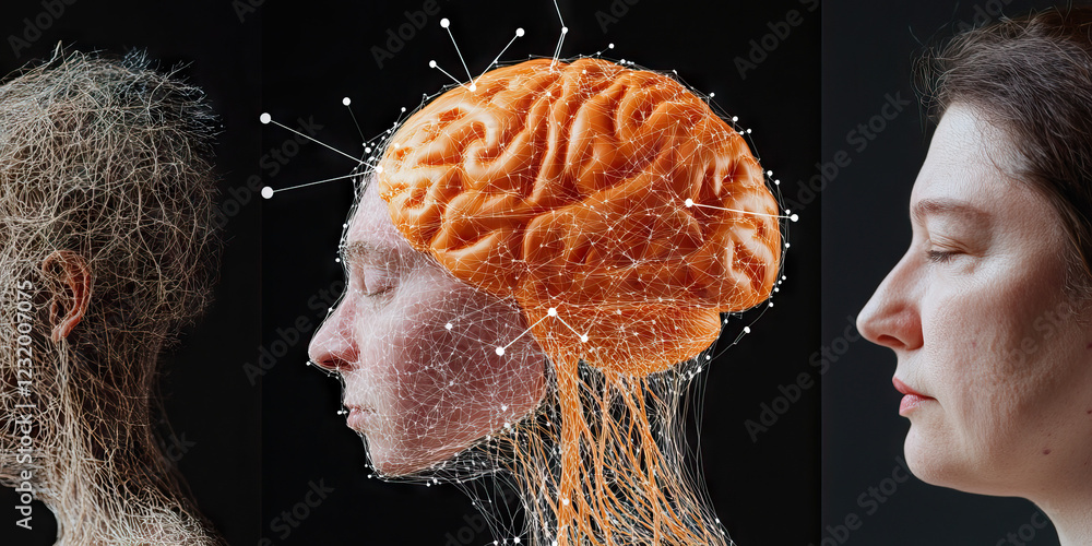 Poster triptych of head and brain, wireframe and 3d model