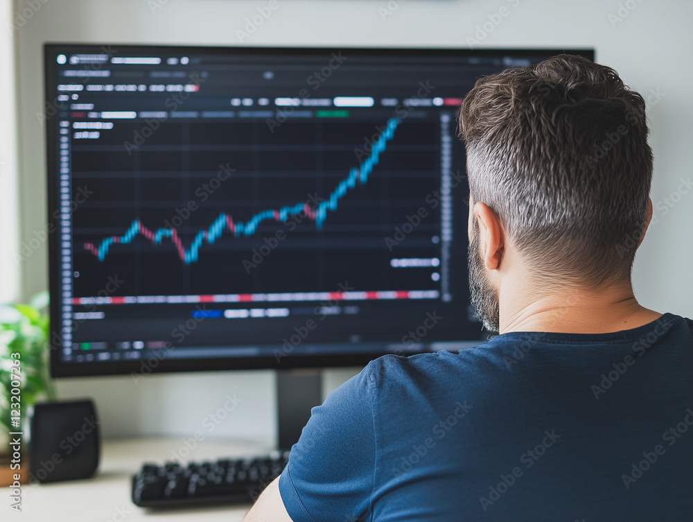 Poster monitoring growth: a man sits at his desk, intently observing a computer screen displaying a positiv