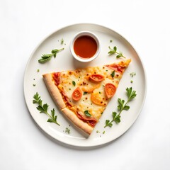 Slice of cheese pizza with cherry tomatoes and hot sauce garnish