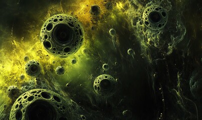 Green alien planet spheres in nebula space dust cloud background, digital art