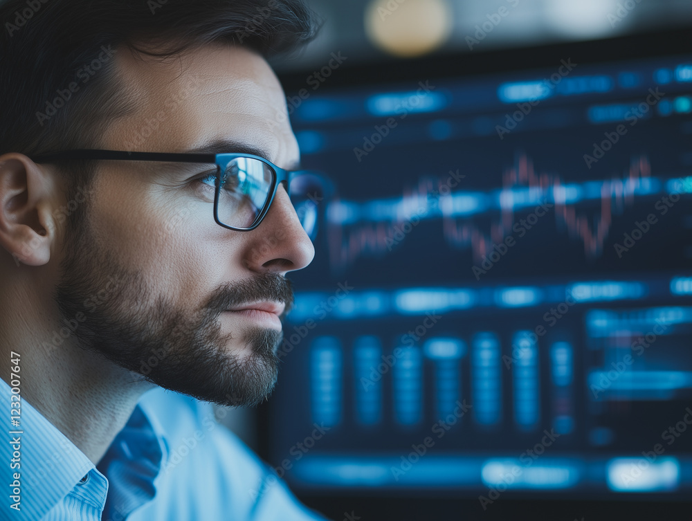 Poster focused analyst: a pensive young man with a beard, wearing glasses, intently studies data displayed 