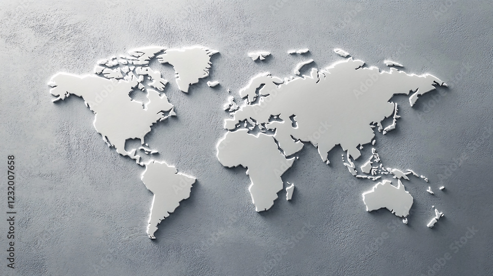 Poster a detailed three-dimensional world map with raised continents casting soft shadows on a textured dar